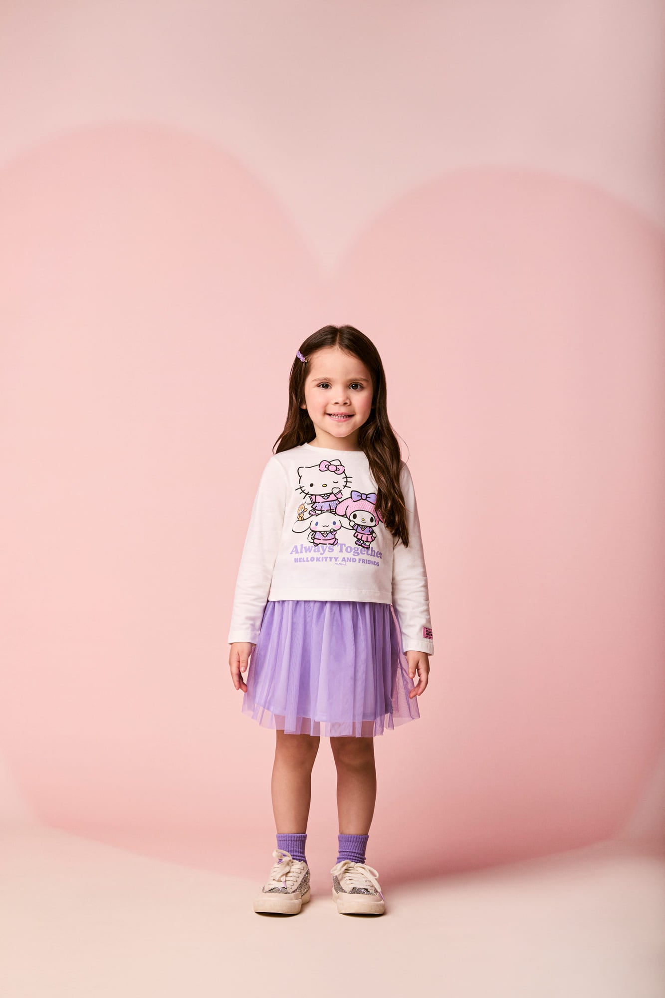 Conjunto Infantil Momi Inverno com Saia Lilás e Blusa Manga Longa Hello Kitty Strass