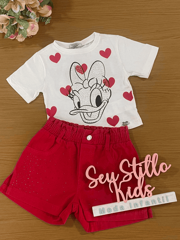 Conjunto Infantil Momi Verão Shorts Vermelho e Blusa Margarida Disney