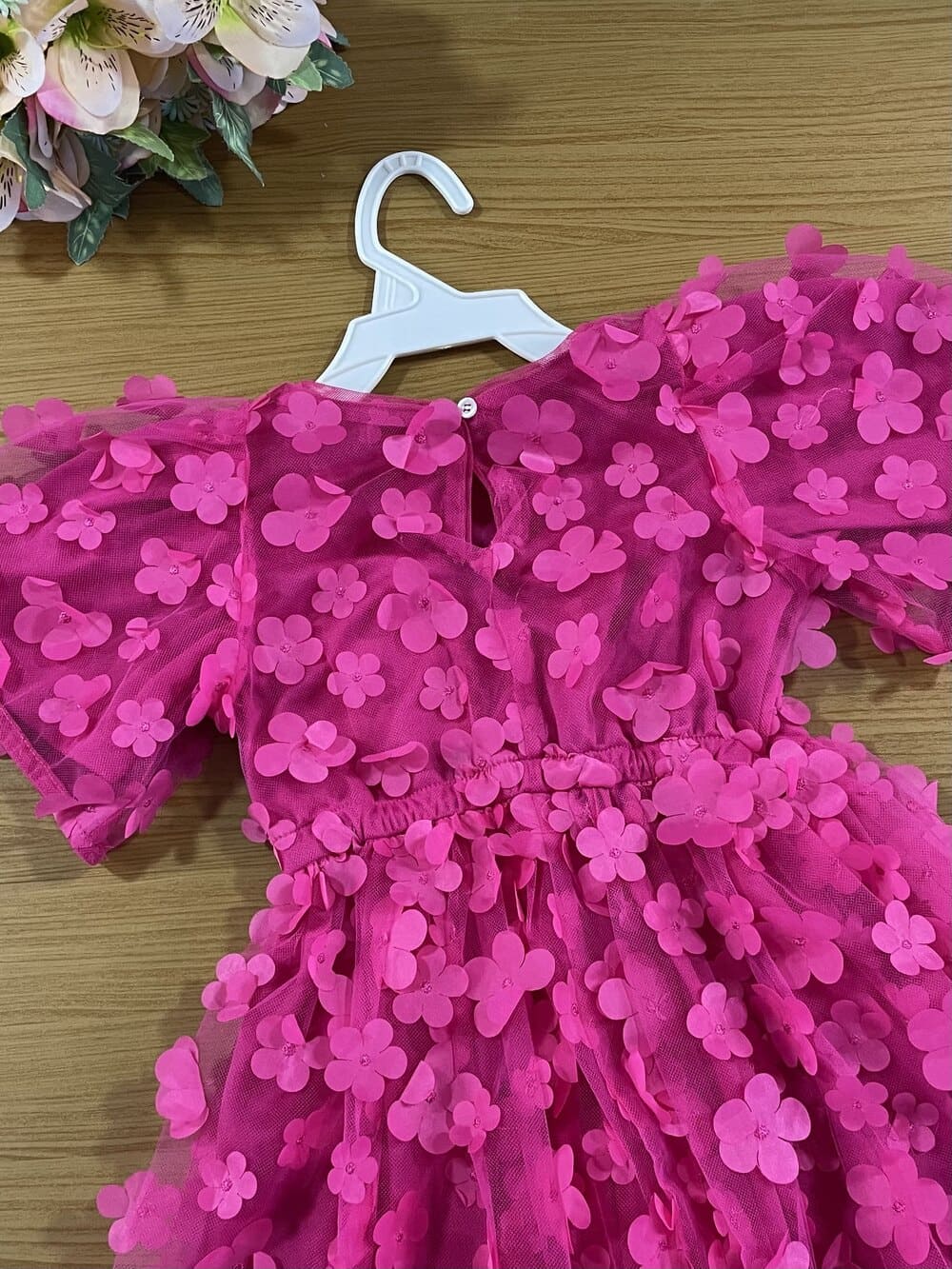 Vestido Infantil Animê Verão Tule Rosa Flores 3D