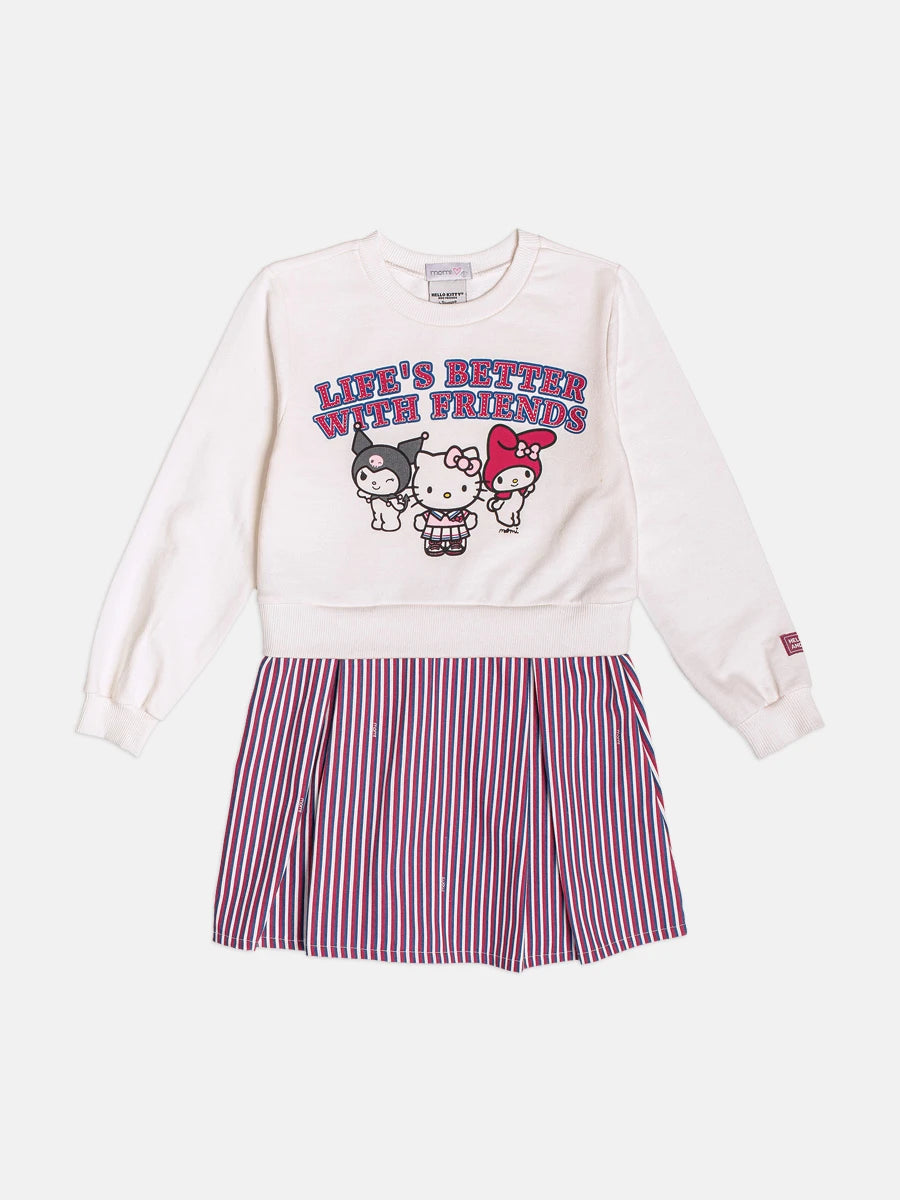 Vestido Infantil Momi Inverno sem Flanela Branco e Listrado Hello Kitty