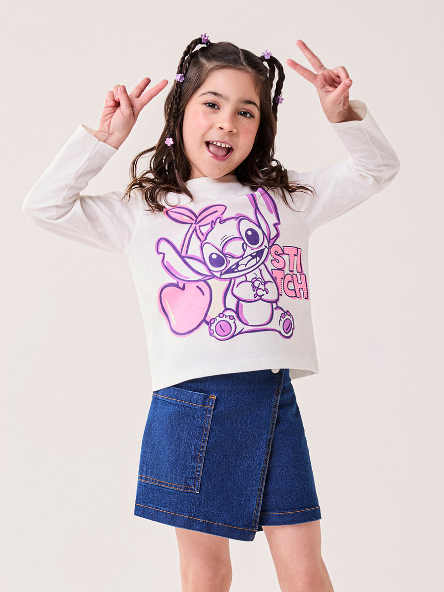 Blusa Infantil Bimbi Inverno Manga Longa Branca Stitch com Strass