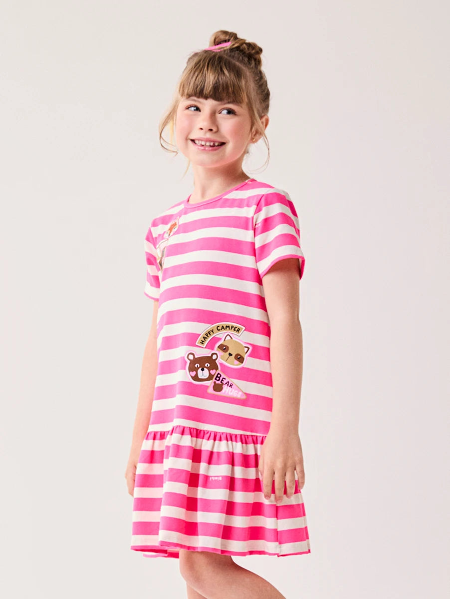 Vestido Infantil Bimbi Inverno Rosa Listrado Happy Camper