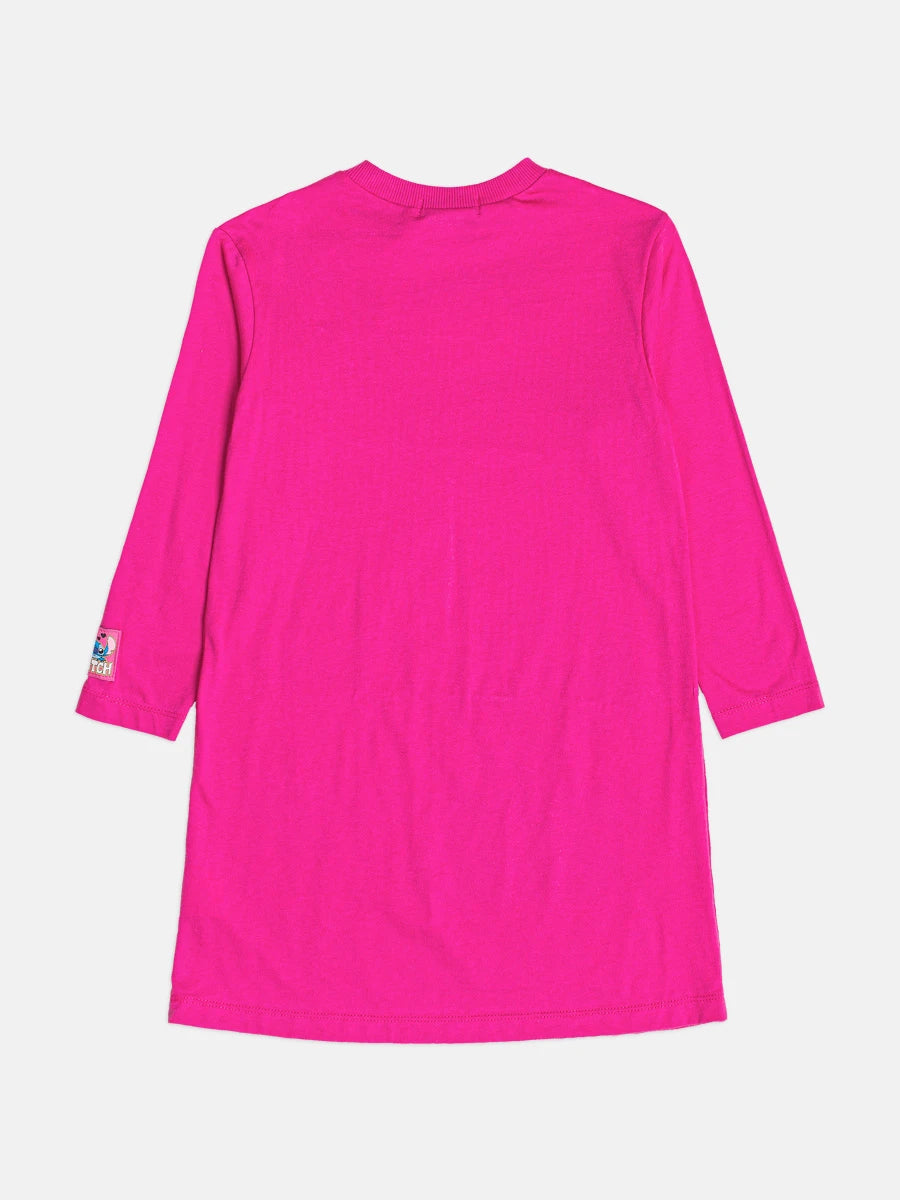 Vesdido Infantil Bimbi Inverno Manga Longa Rosa Escuro Stitch e Angel Love
