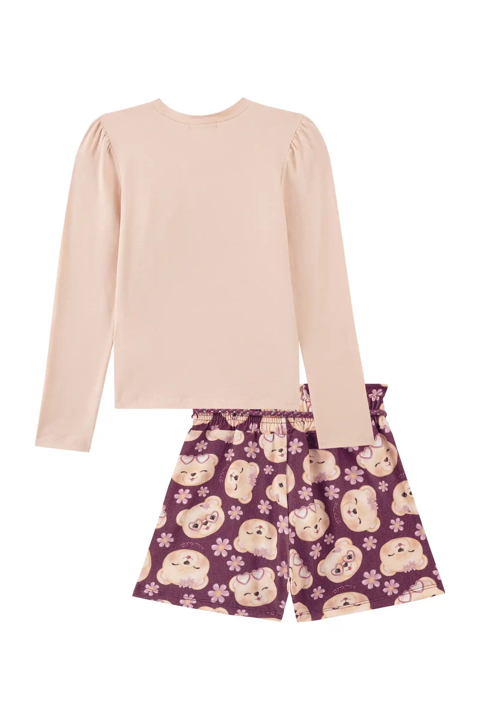 Conjunto Infantil Kukiê Inverno com Shorts Marrom e Blusa Manga Longa Hello Love
