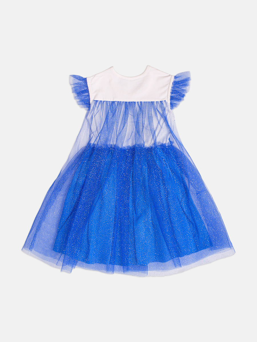 Vestido Infantil Bimbi Inverno Azul com Tule e Glitter Elsa Disney