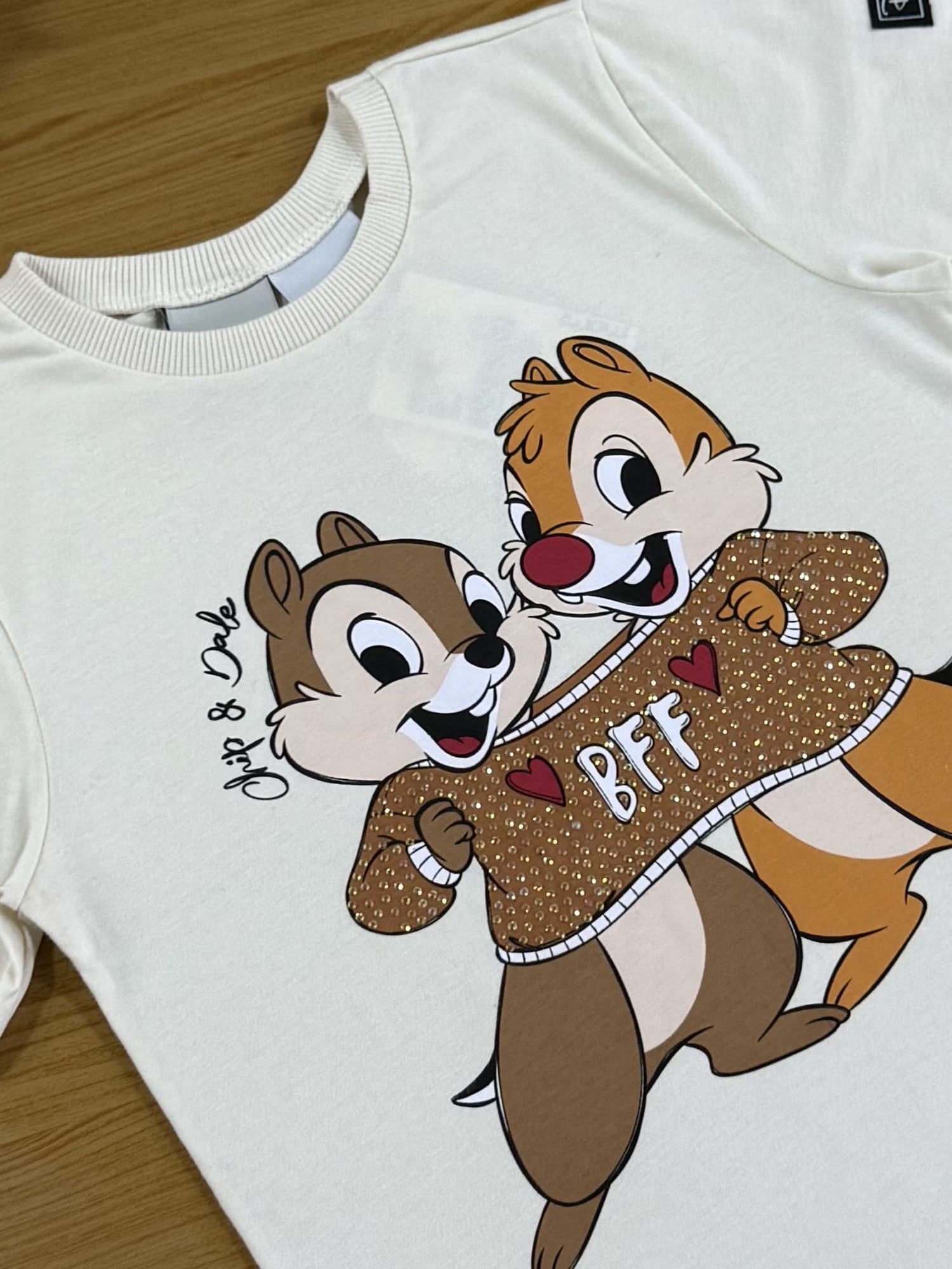 Blusa Infantil Momi Inverno Manga Curta Bege com Strass Tico Teco