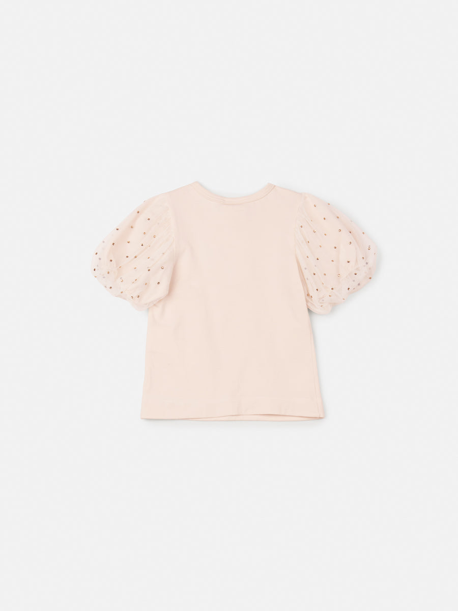 Jardineira Infantil Animê Verão Bege e Blusa Balonê com Strass