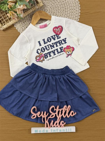 Conjunto Infantil Momi Inverno com Saia Azul e Blusa Manga Longa Love Country