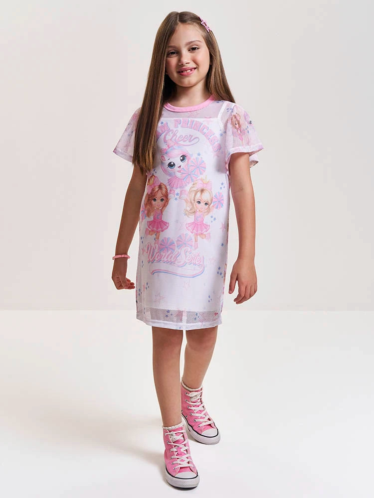 Vestido Infantil Cinti Branco com Sobreposição Unicórnio Team Princes