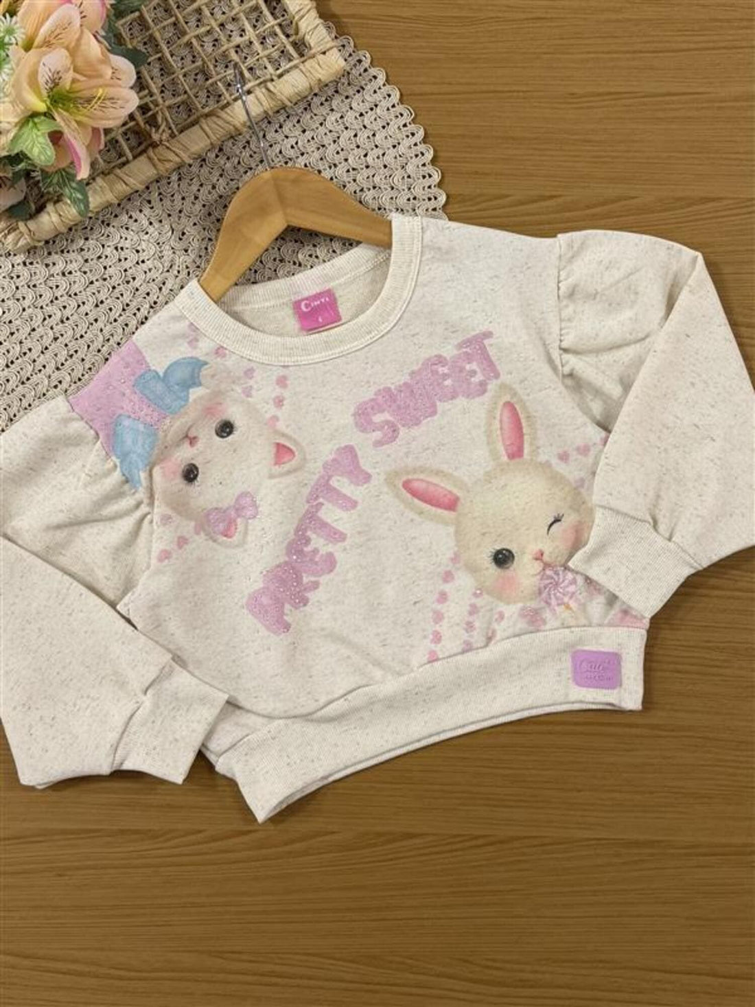 Conjunto Infantil Cinti Inverno com Calça e Moletom sem Flanela Off White Bichinhos com Strass