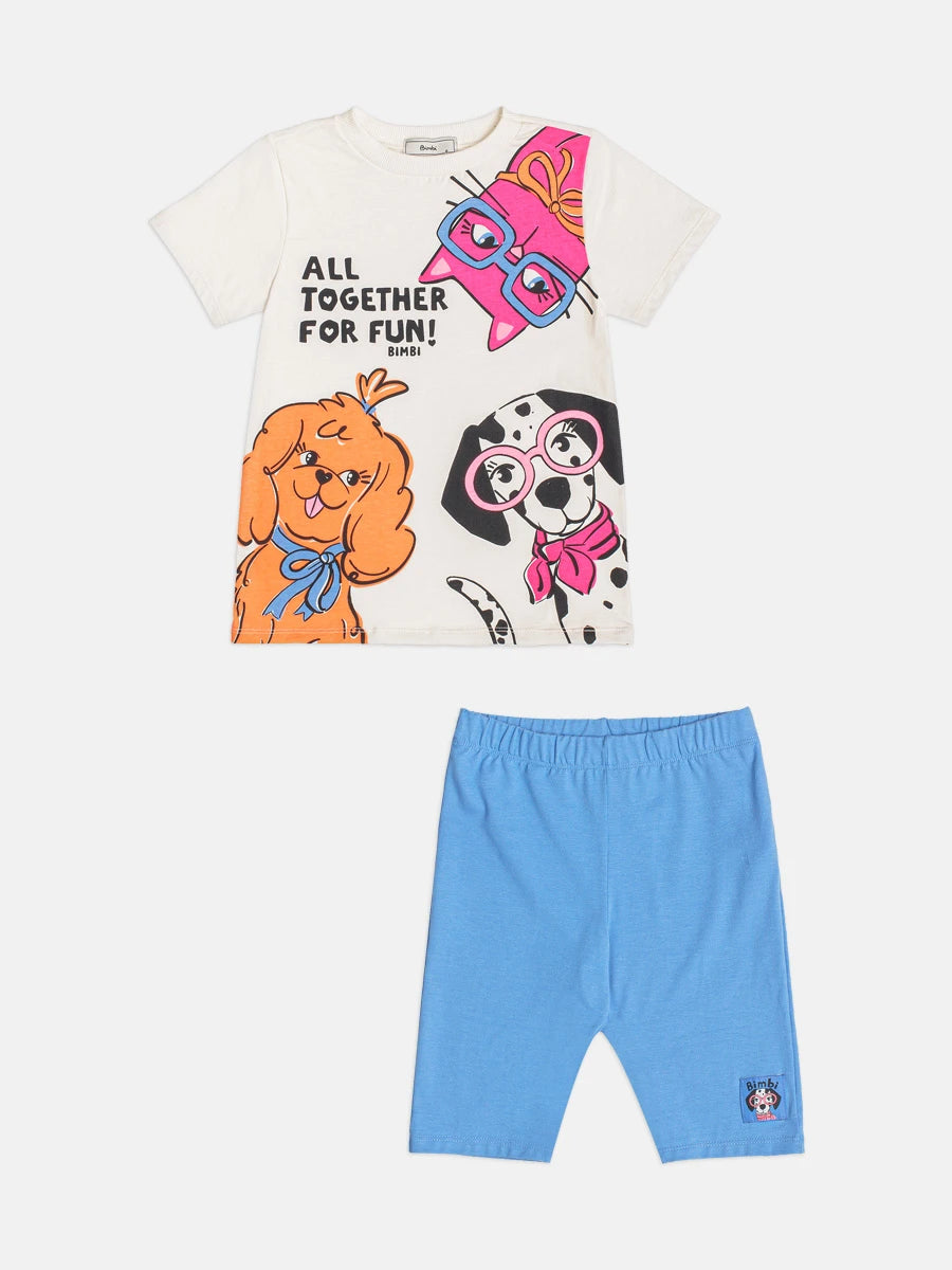 Conjunto Infantil Menina Bimbi com Shorts Ciclista Azul e Blusa Animais