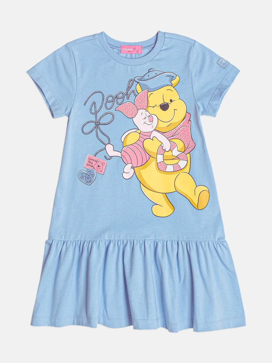 Vestido Infantil Momi Azul Ursinho Pooh Strass Disney