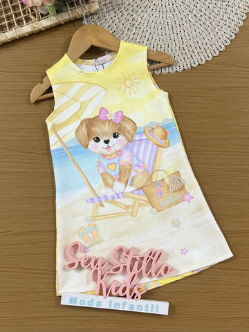 Vestido Infantil Kukiê Verão Amarelo Cachorrinha na Praia