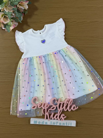 Vestido Infantil Cinti Verão com Tule Corações Arco Íris
