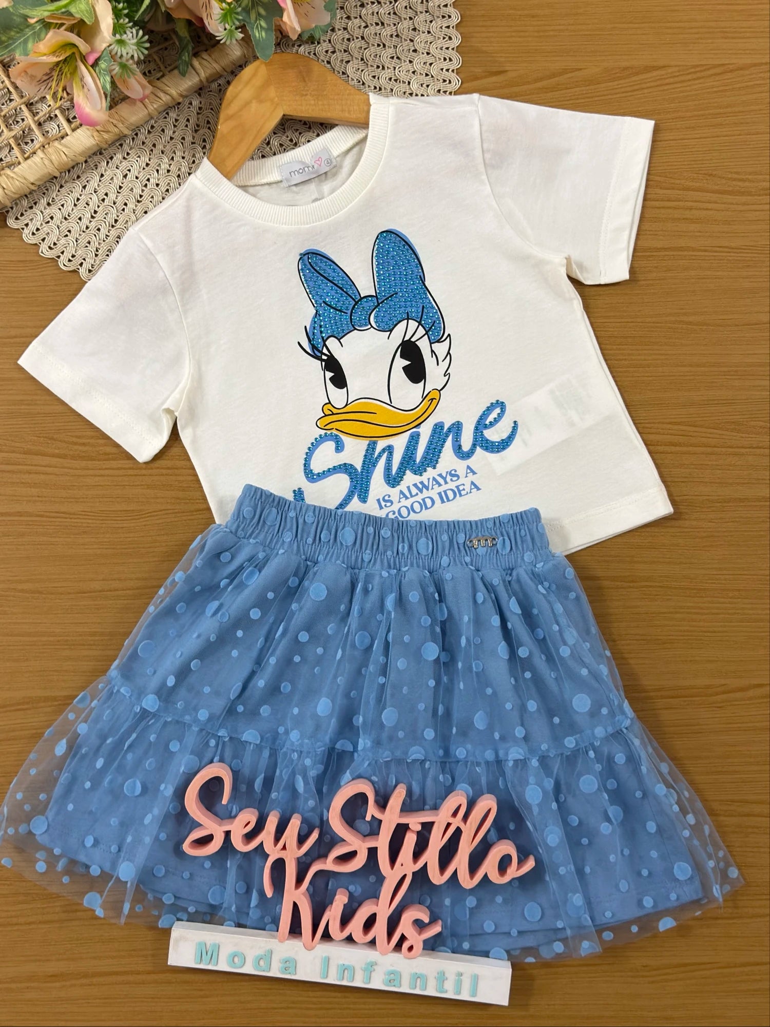 Conjunto Infantil Momi Inverno com Saia Azul e Blusa Manga Curta Margarida Disney