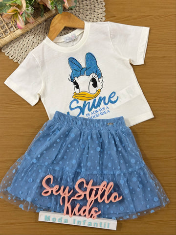 Conjunto Infantil Momi Inverno com Saia Azul e Blusa Manga Curta Margarida Disney