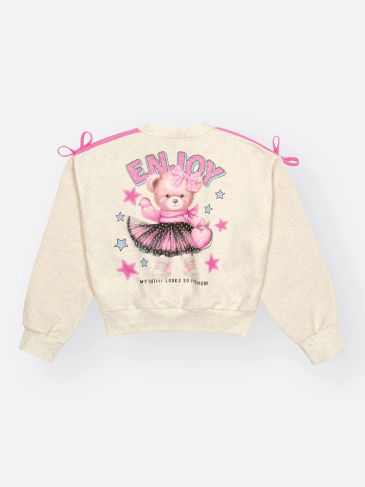 Conjunto Infantil Cinti Inverno com Shorts Saia e Moletom sem Flanela Off White Ursinha Enjoy