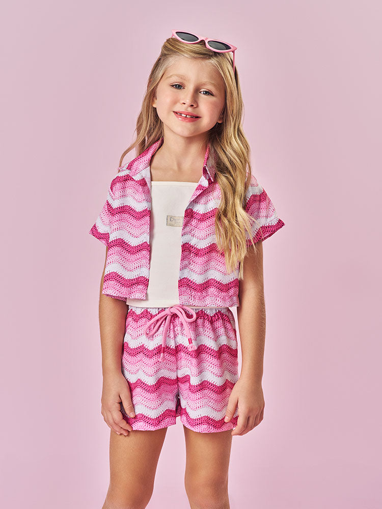 Conjunto Infantil Cinti Verão, Shorts Saia e Sobreposição Tricô 3D e Cropped Branca