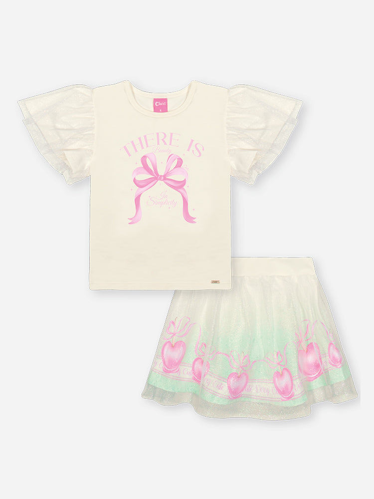 Conjunto Infantil Cinti Verão com Saia em Tule Verde e Blusa Branca Lacinho