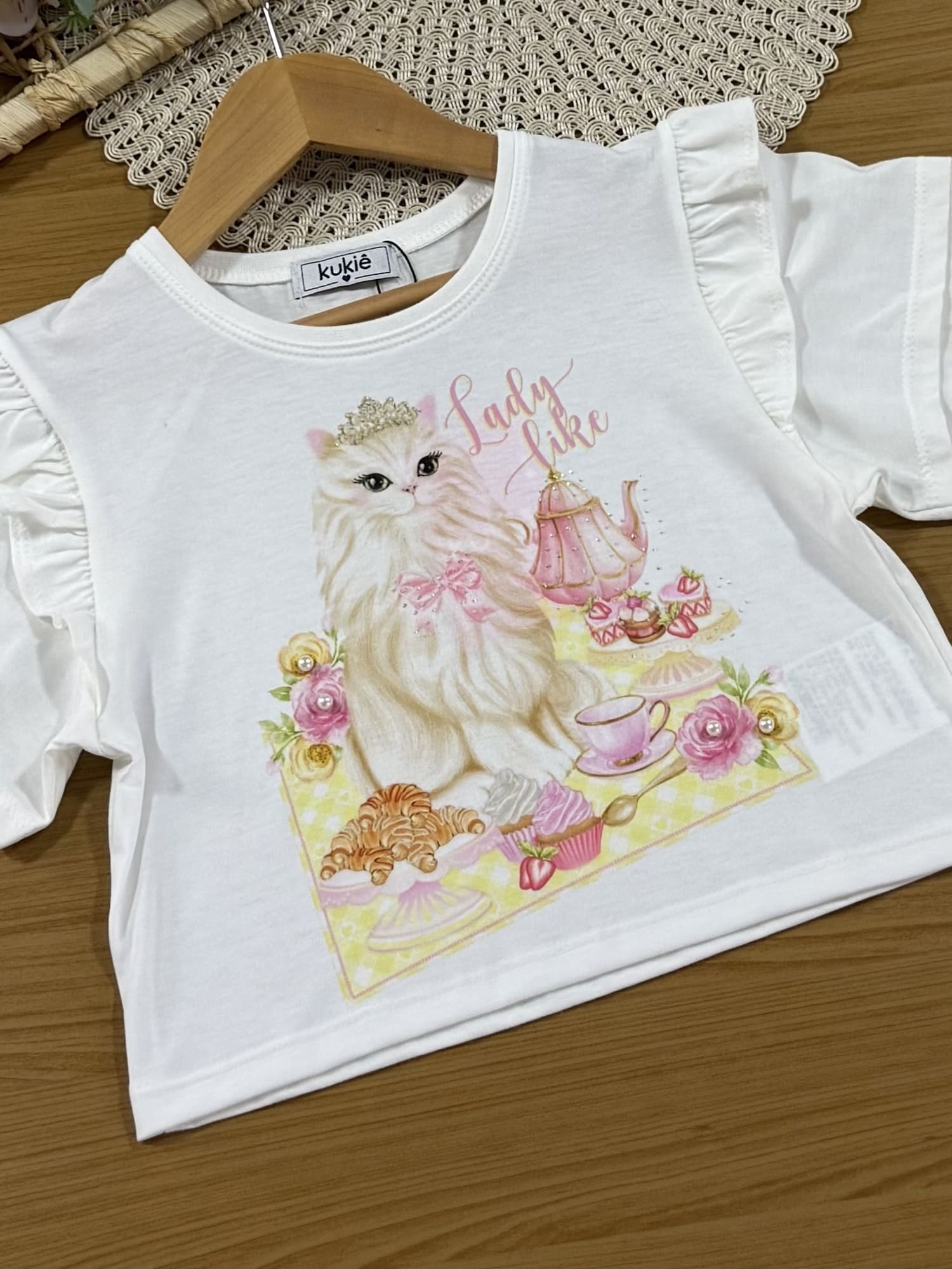 Conjunto Infantil Kukiê com Shorts Rosa e Blusa Manga Curta Gatinha