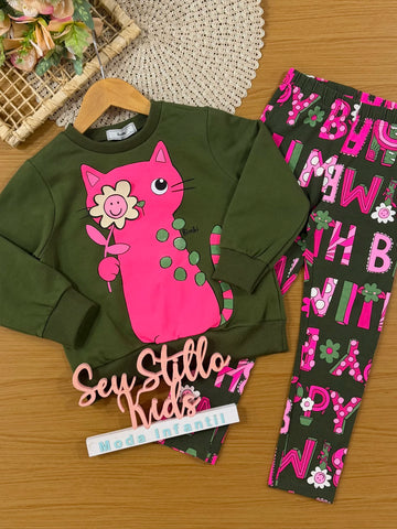 Conjunto Infantil Bimbi Inverno com Calça Legging e Moletom Flanelado Verde Escuro Gainha Florzinha