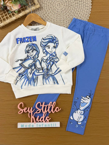 Conjunto Infantil Bimbi Inverno com Calça Legging Azul e Moletom sem Flanela Frozen Disney