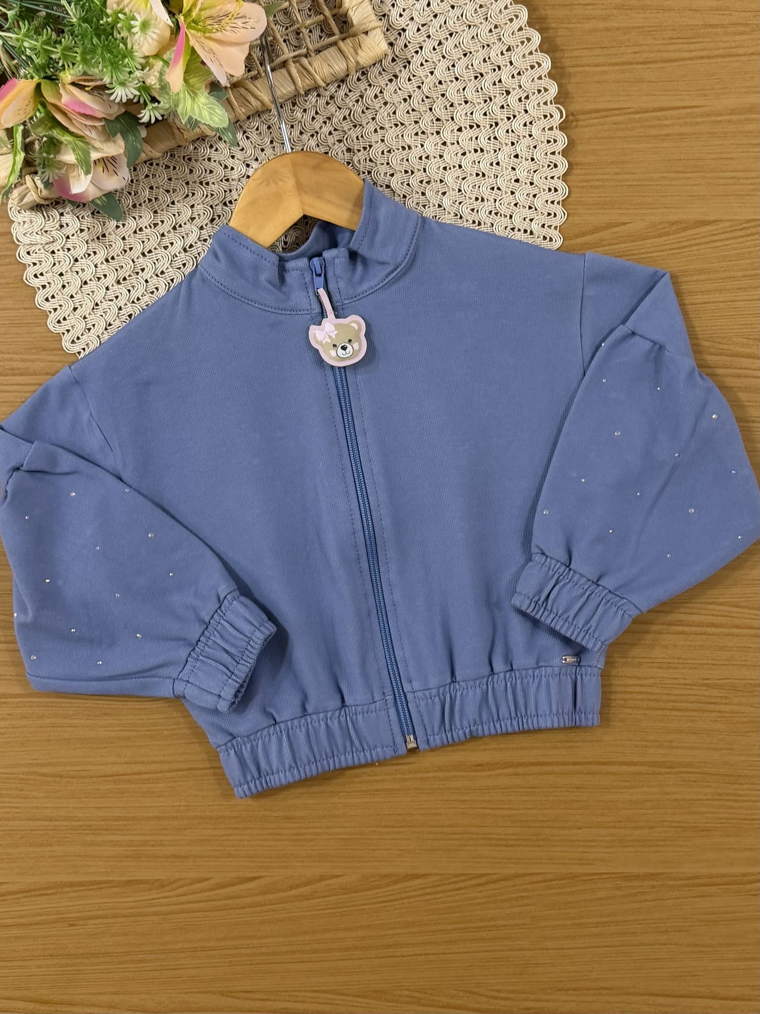 Conjunto Infantil Cinti Inverno com Shorts-Saia e Jaqueta Azul Ursinha Brilhos