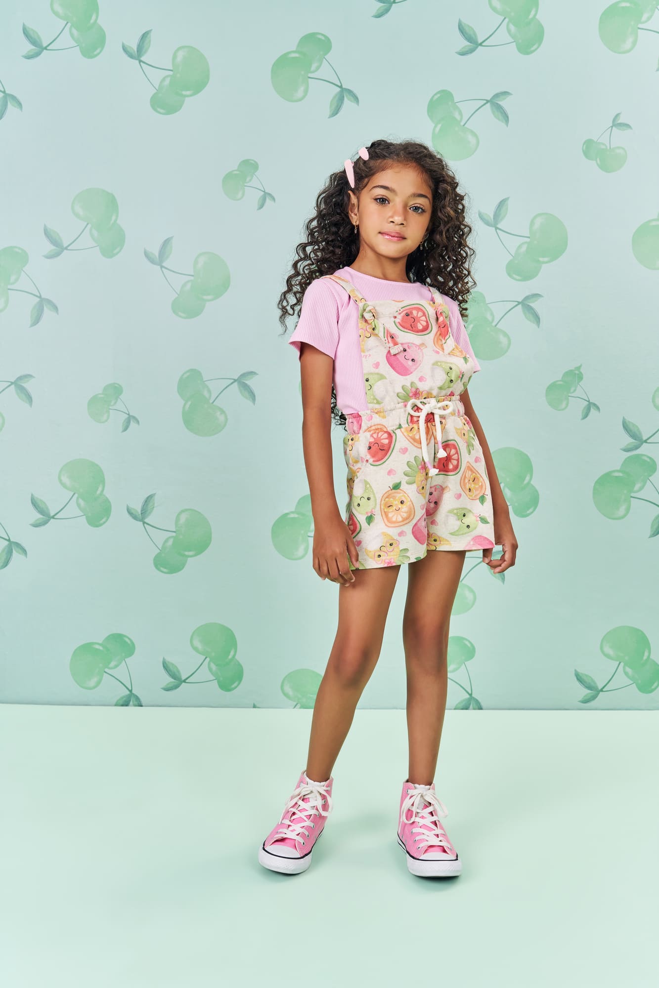Jardineira Infantil Cinti Verão Frutinhas com Blusa Rosa