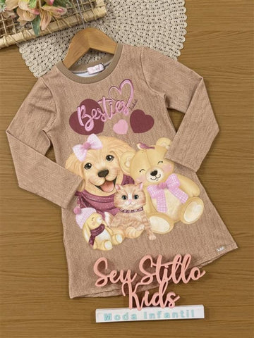 Vestido Infantil Kukiê Inverno Bege Animais Melhores Amigos