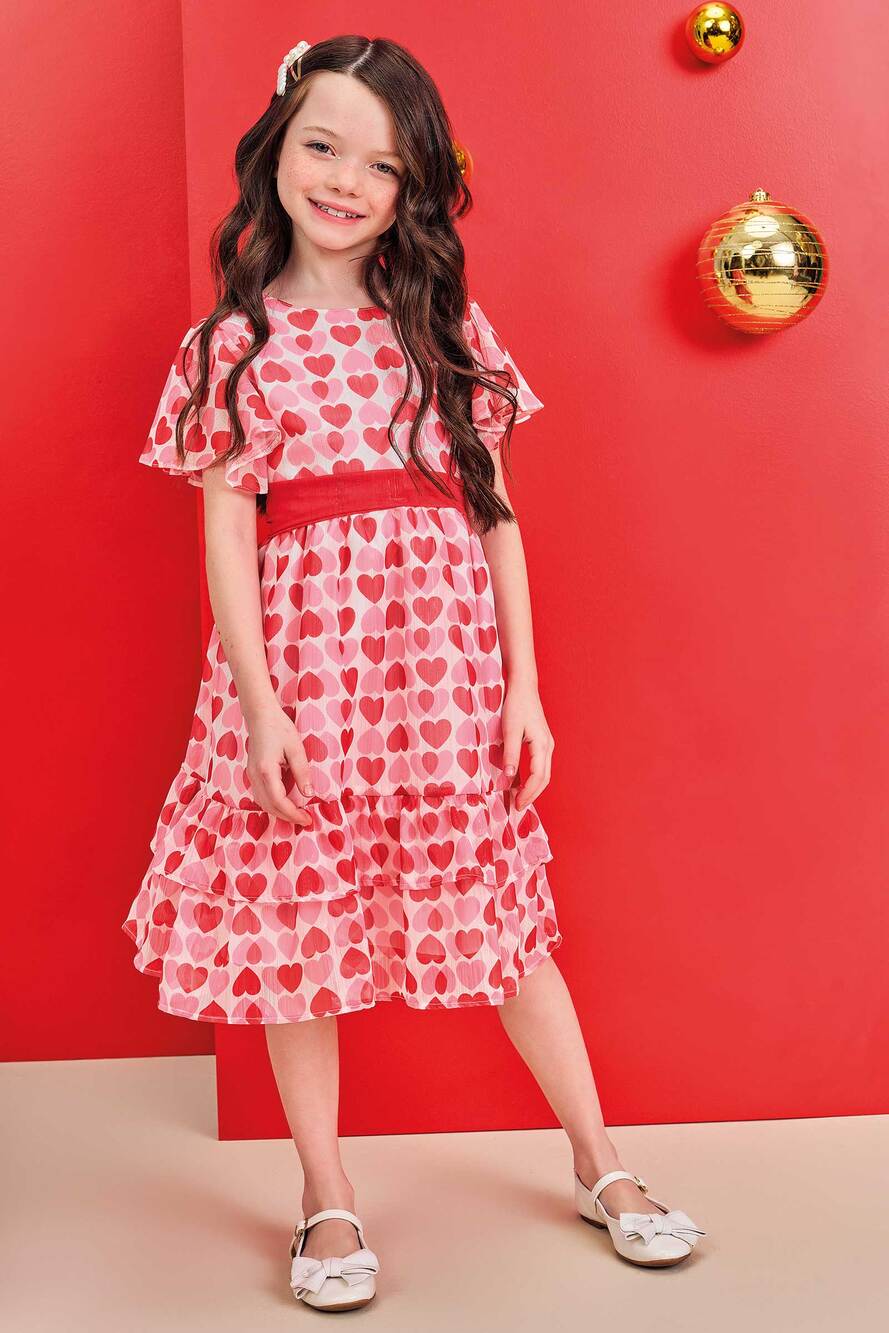Vestido Infantil Kukie Verão Chiffon Vermelho Corações