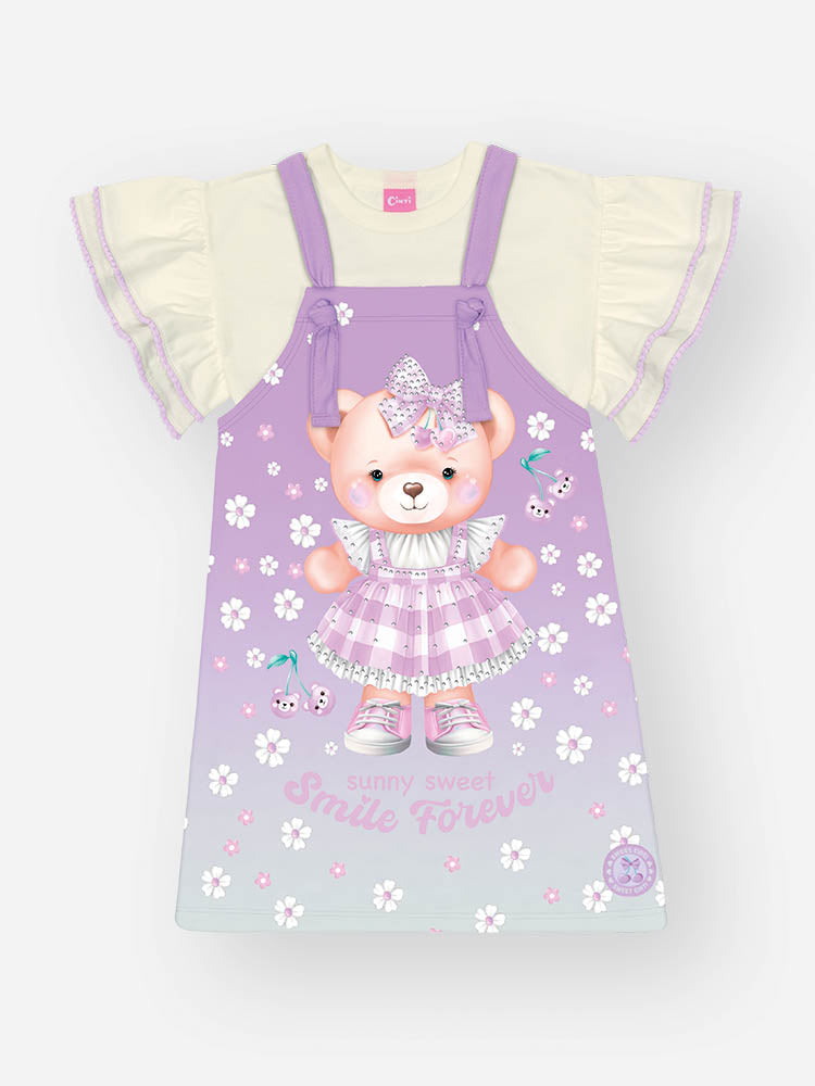 Salopete Infantil Cinti Verão Lilás com Blusa Branca Ursinha Floral