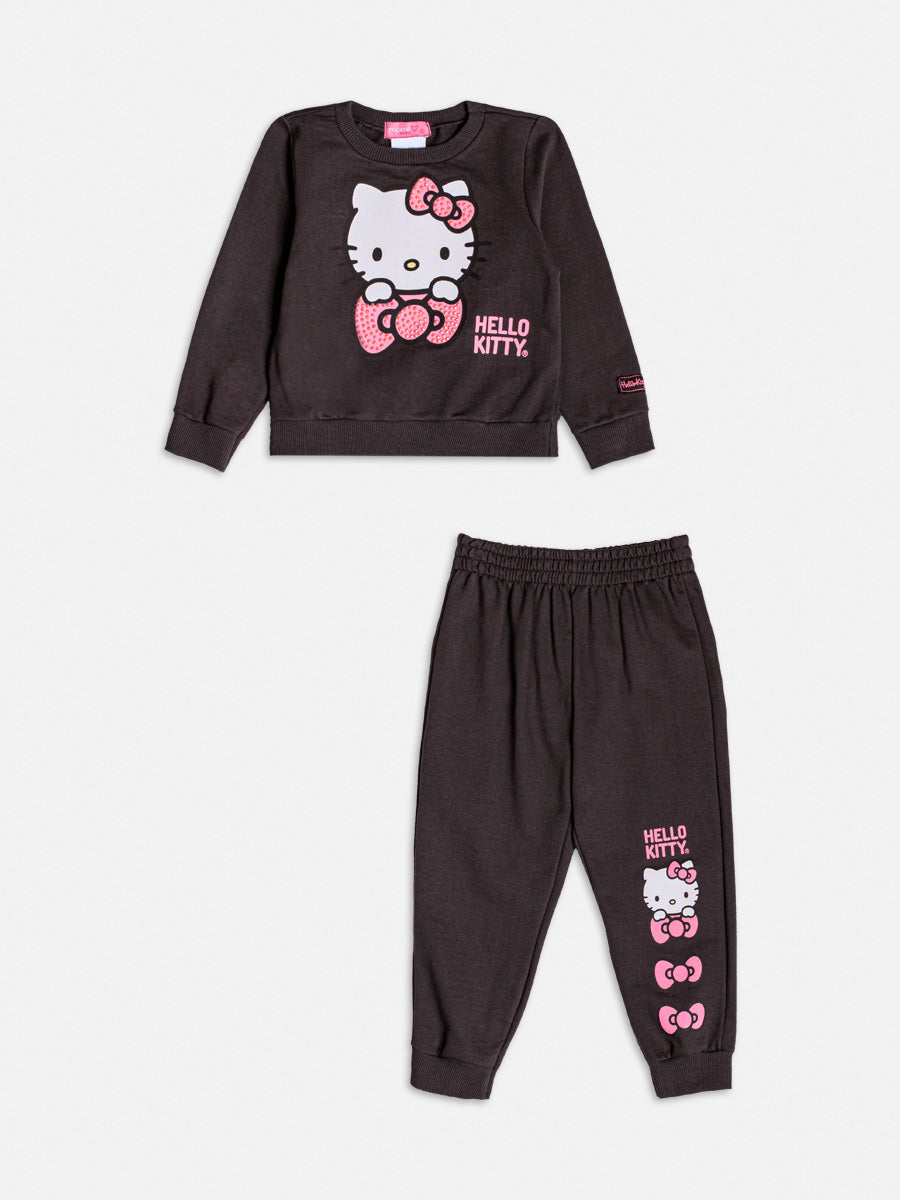 Conjunto Infantil Momi Inverno com Calça e Moletom sem Flanela Cinza Escuro Hello Kitty