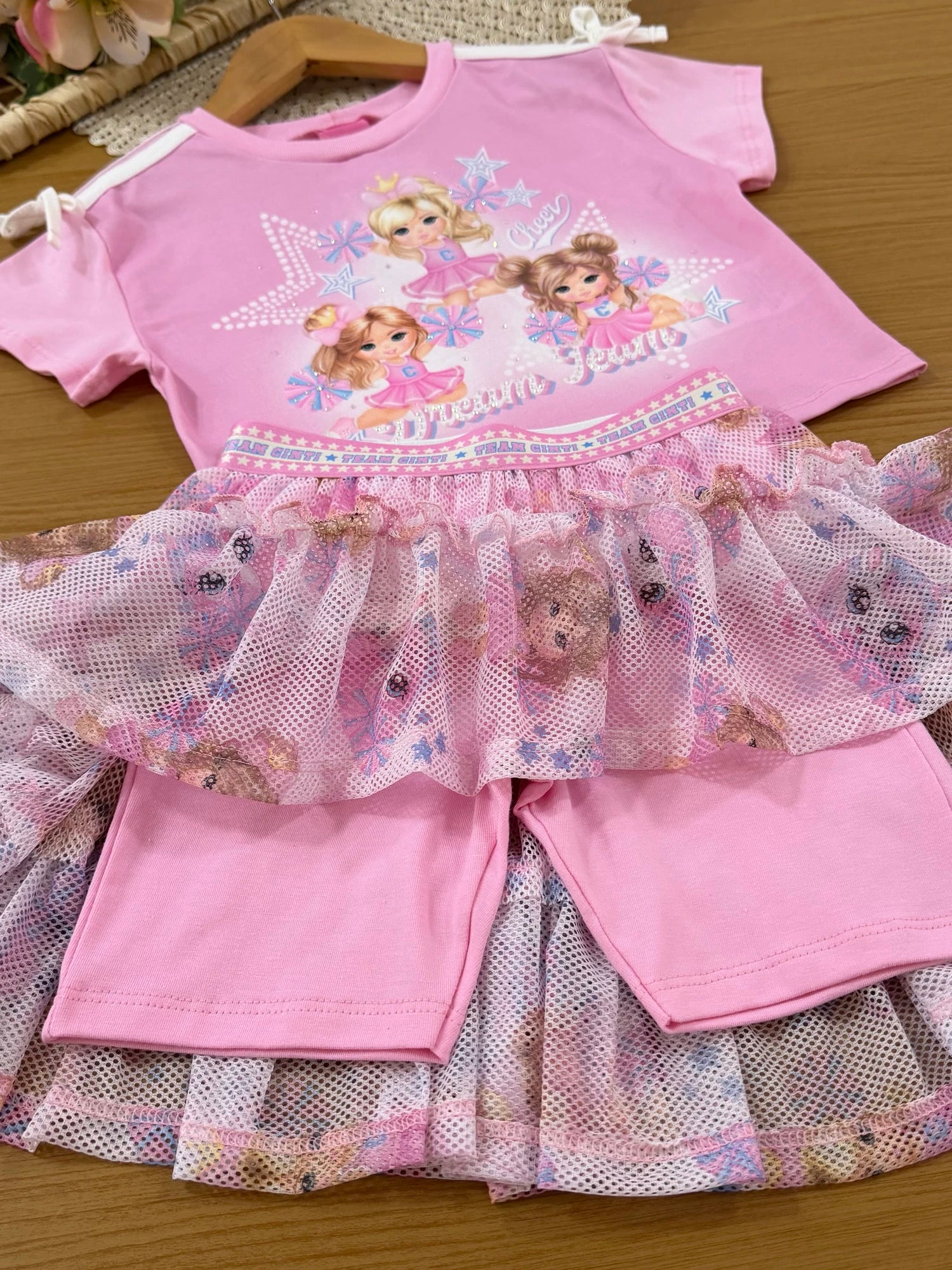 Conjunto Infantil Cinti Verão com Saia e Blusa Rosa Liders de Torcidas