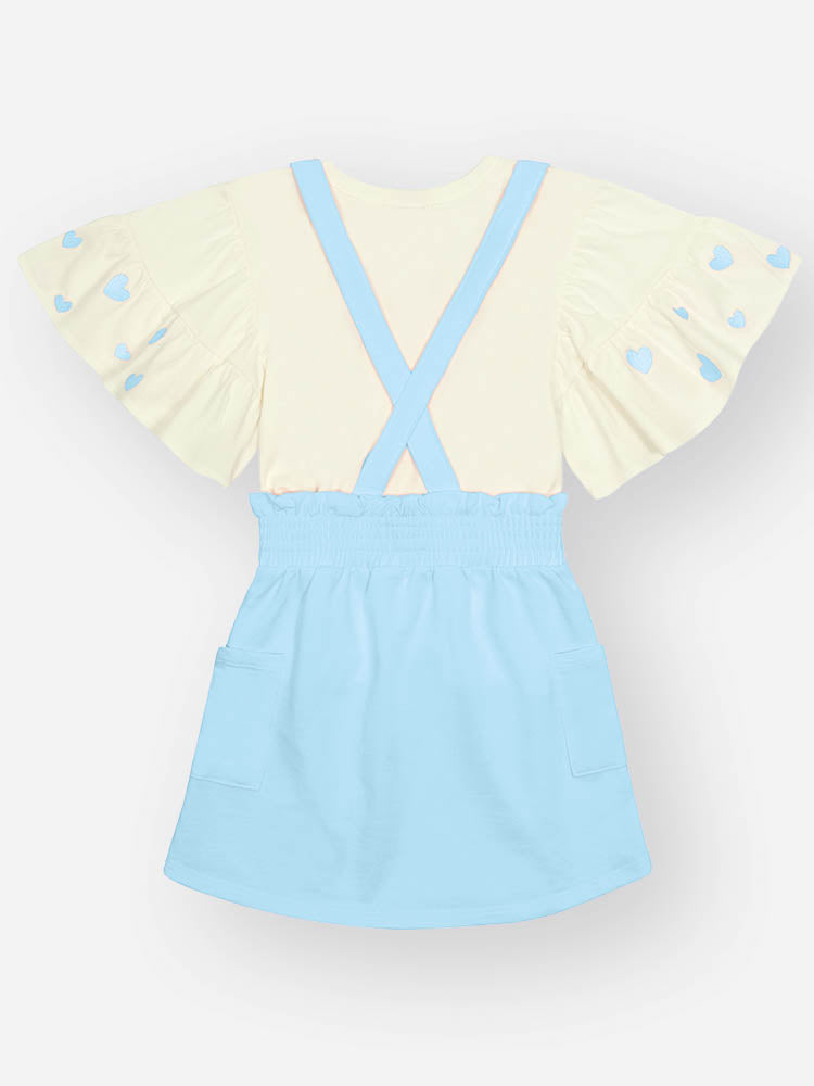 Salopete Infantil Cinti Verão Azul com Blusa Branca Corações