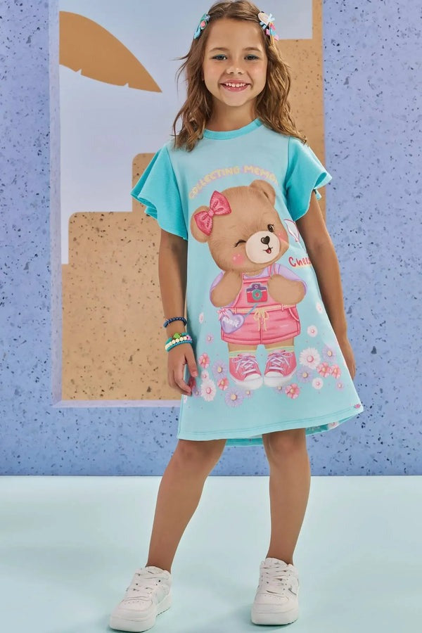 Vestido Infantil Kukiê Verão Azul Ursinha Fotógrafa