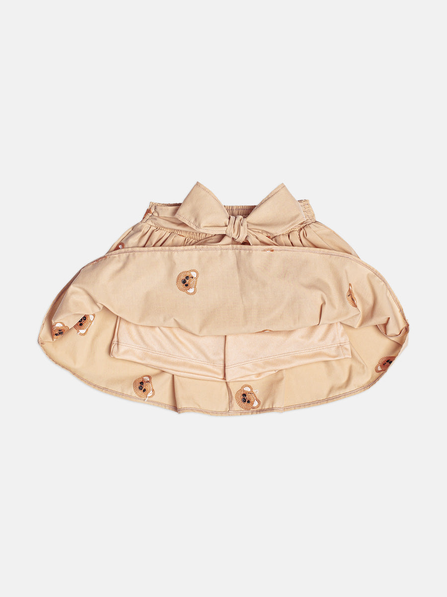 Conjunto Infantil Momi Inverno com Saia Bege e Blusa Branca Ursinho