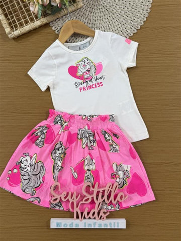 Conjunto Infantil Bimbi Verão com Saia Rosa e Blusa Branca Princesa Moana Disney