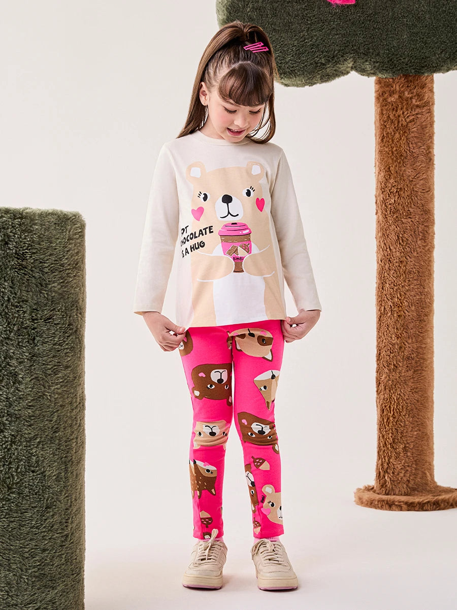 Conjunto Infantil Bimbi Inveno com Calça Legging Rosa e Blusa Manga Longa Ursinho