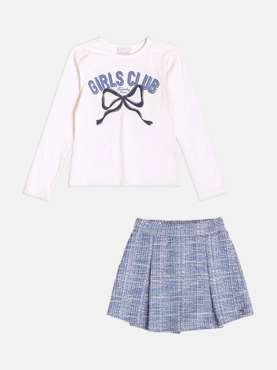 Conjunto Infantil Momi Inverno com Shorts Saia Azul e Blusa Manga Longa Girls Club