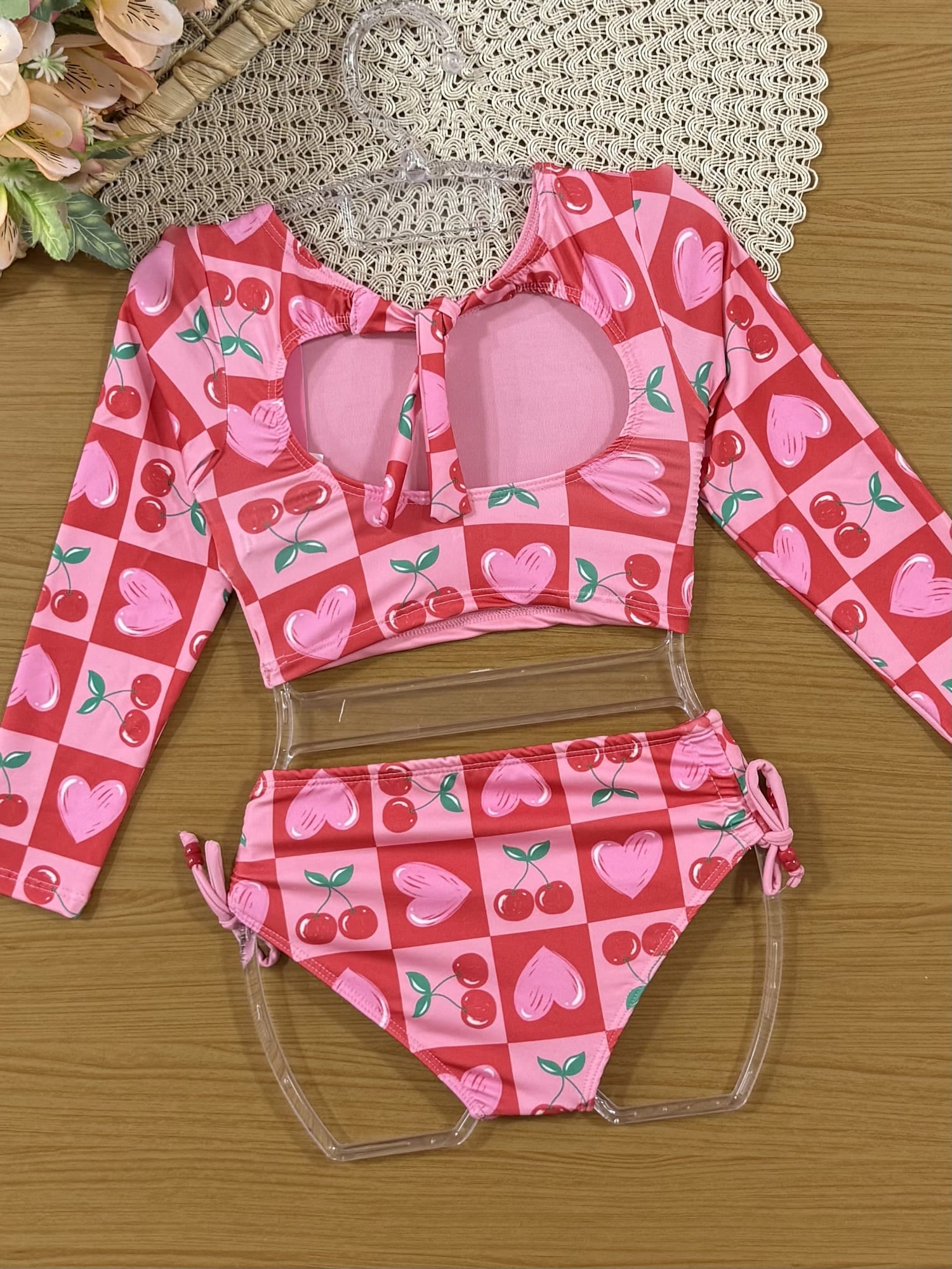 Biquíni Infantil Cinti Verão Manga Longa Rosa Ursinha
