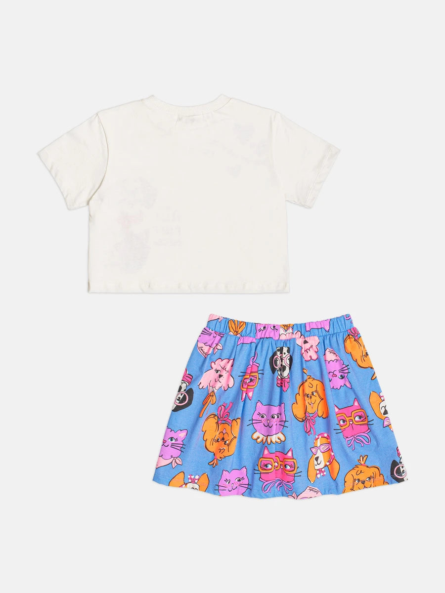 Conjunto Infantil Menina Bimbi com Saia Azul e Blusa Cachorrinha e Gatinha