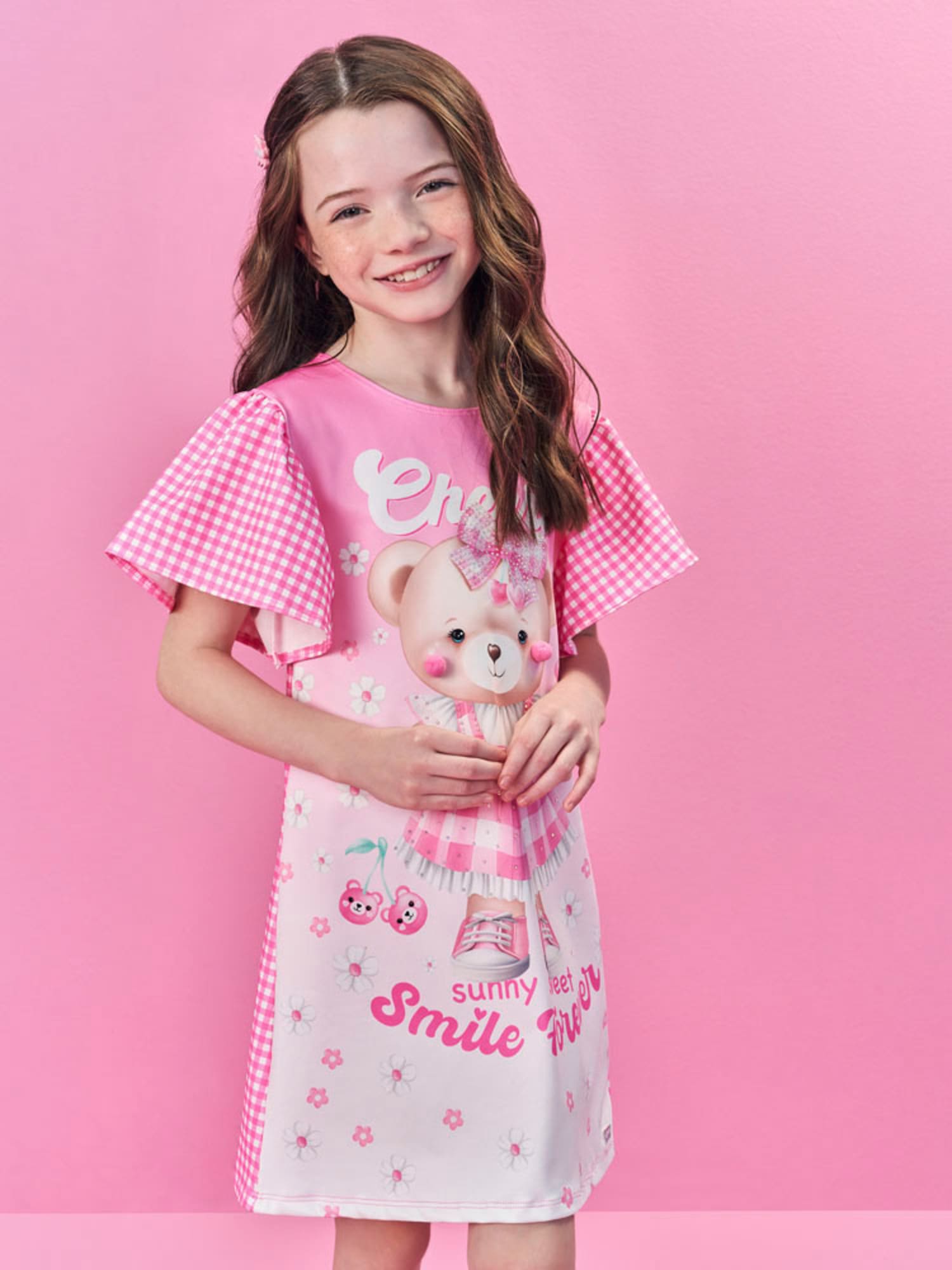 Vestido Infantil Cinti Verão Manga Curta Rosa Xadrez Ursinha Floral