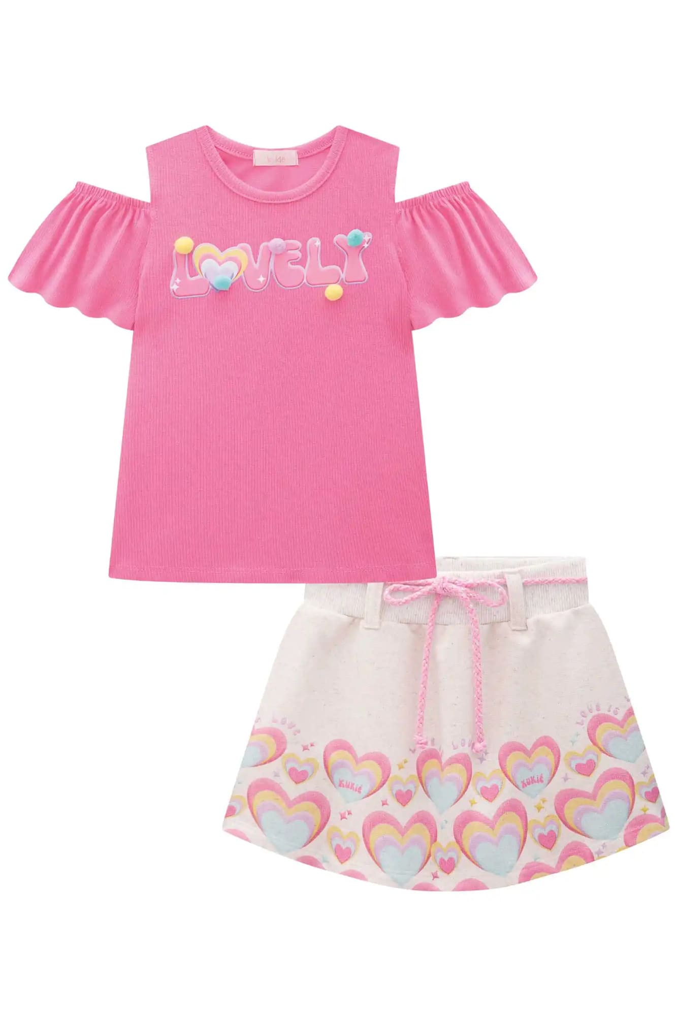 Conjunto Infantil Kukiê com Shorts Saia Off White e Blusa Rosa Lovely