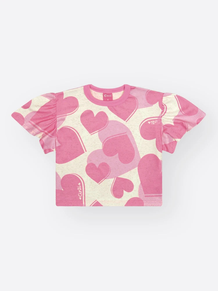 Conjunto Infantil Cinti Inverno com Shorts e Blusa Manga Curta Rosa Corações