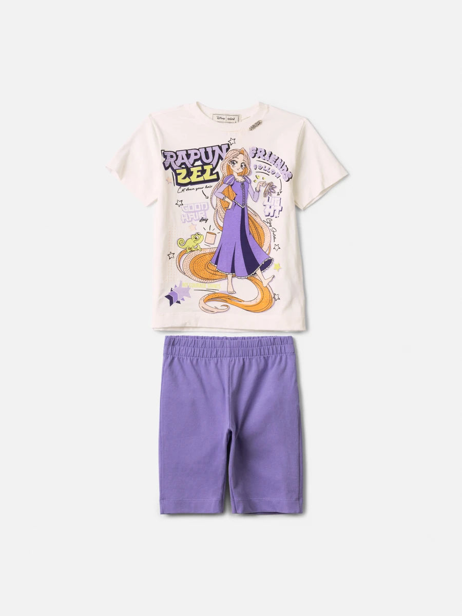 Conjunto Infantil Menina Animê com Shorts Ciclista Lilás e Blusa Rapunzel Disney