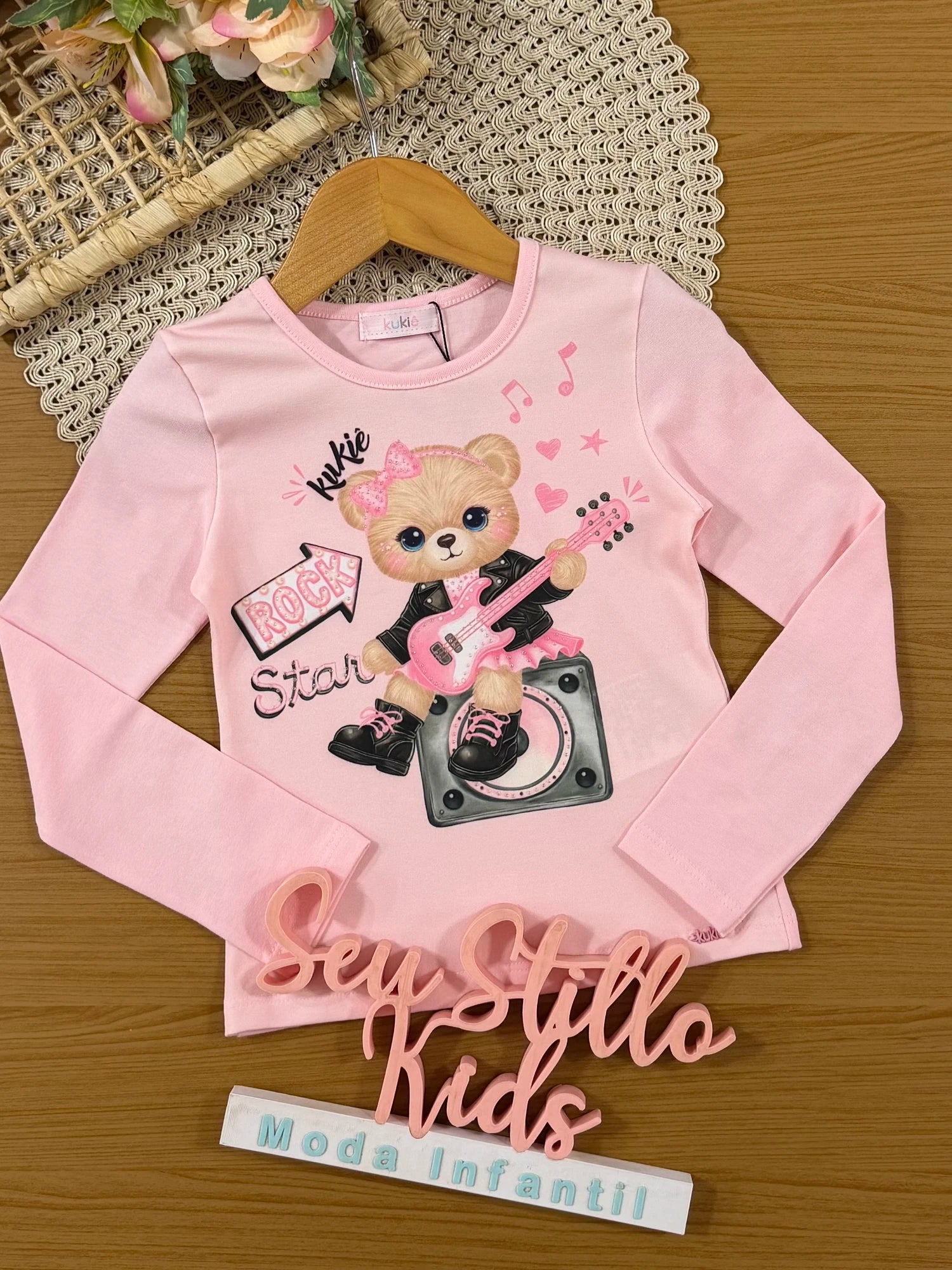Blusa Infantil Kukiê Inverno Manga Longa Rosa Ursinha Roqueira