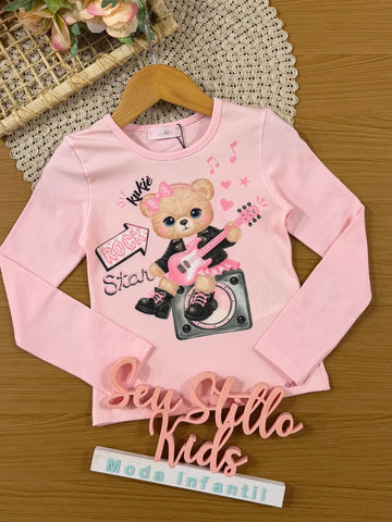 Blusa Infantil Kukiê Inverno Manga Longa Rosa Ursinha Roqueira