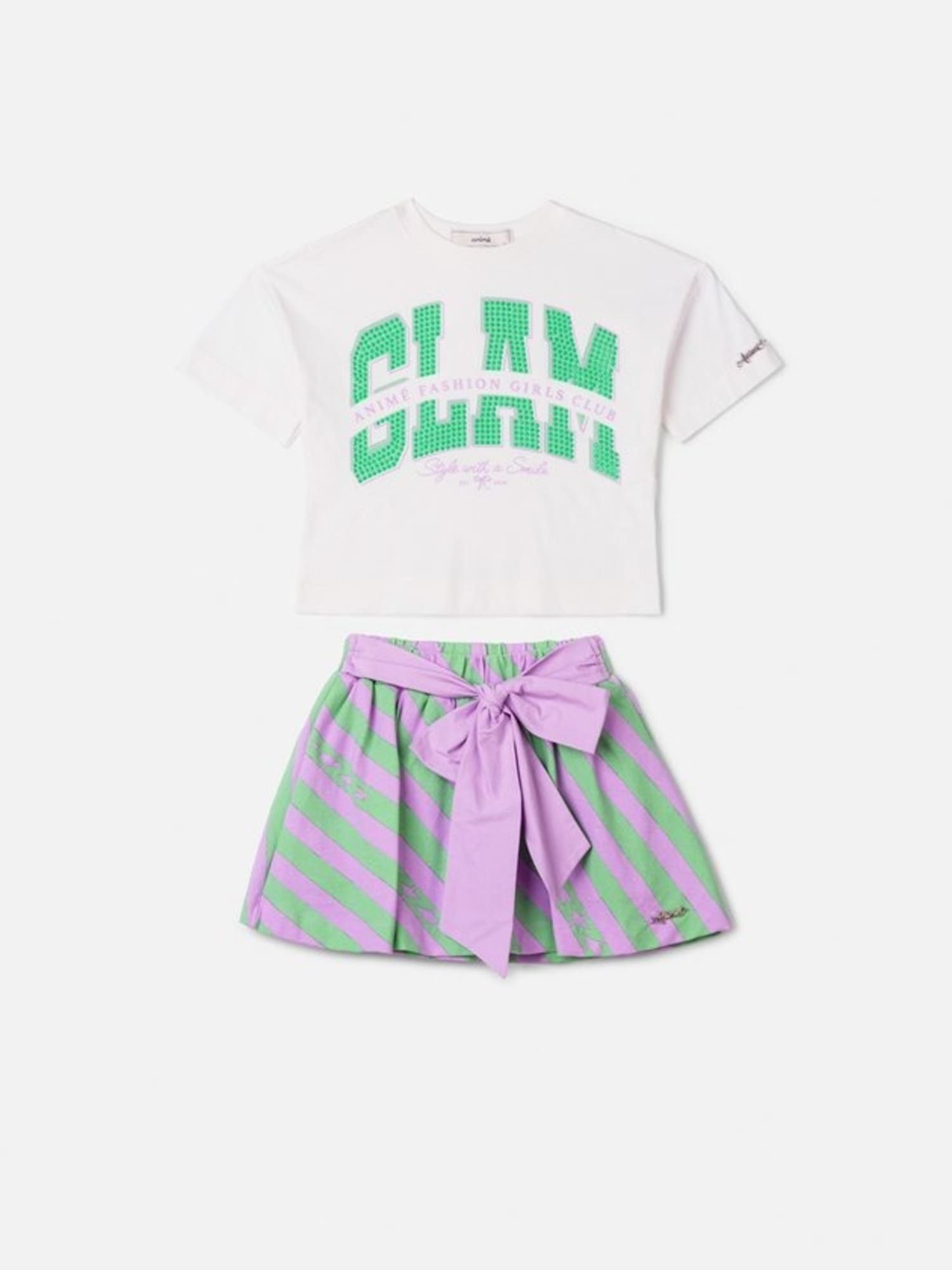 Conjunto Infantil Animê com Saia Listrada e Blusa Branca Glam