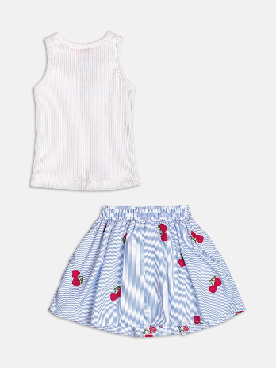 Conjunto Infantil Momi Verão com Saia Azul Listrada e Regata  Branca Cereje