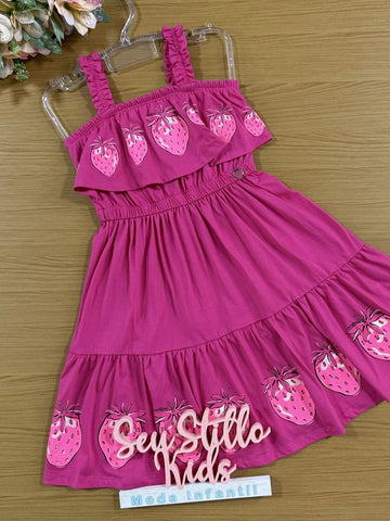 Vestido Infantil Momi Verão Rosa com Babado Moranguinho
